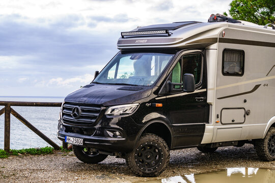 Hymer 4x4 caravan on coast, 22 January 2020, Nerja Spain