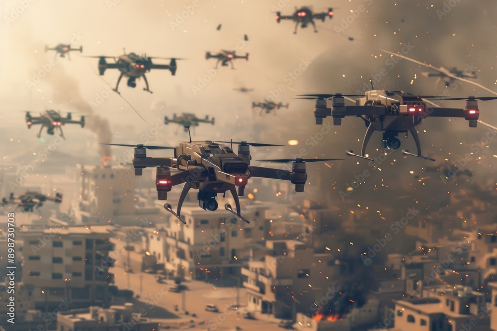 Poster aerial view of city with multiple planes flying overhead, suitable for urban and transportation-them