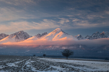 Winter views of the Tatra peaks seen from the Slovak side. The Tatra National Park in its winter...