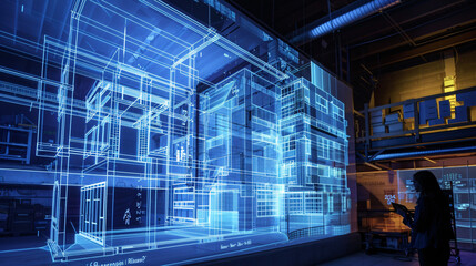 Holographic technology used to display a high-resolution 3D blueprint of a building, with a user interacting with the model directly, without wearing VR glasses 