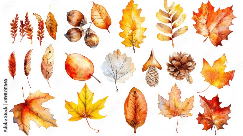 Poster a collection of autumn leaves on a clean white background, perfect for design and editorial use