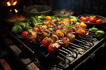 Vegetable skewers, cooking on a barbecue grid food. Generative AI