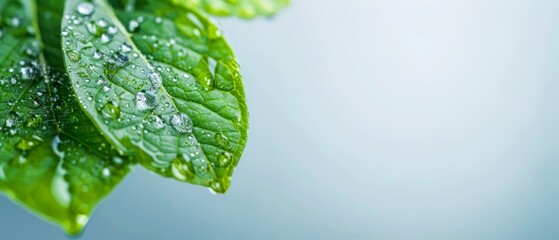 Fototapeta premium A tight shot of a verdant leaf dotted with rainwater droplets, against a backdrop of a clear blue sky