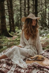 woman enjoying a picnic in the forest, in the style of effortlessly chic. Generative AI
