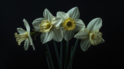Fototapeta premium Daffodils in white and yellow against a dark black backdrop