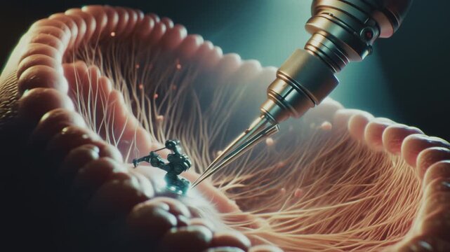 Futuristic nanobot operating, destroying a cancer cell with laser. Nanotechnology, nanobots, future of medicine, surgery robot, microscopic robot, microbot, cancer cure concept.
