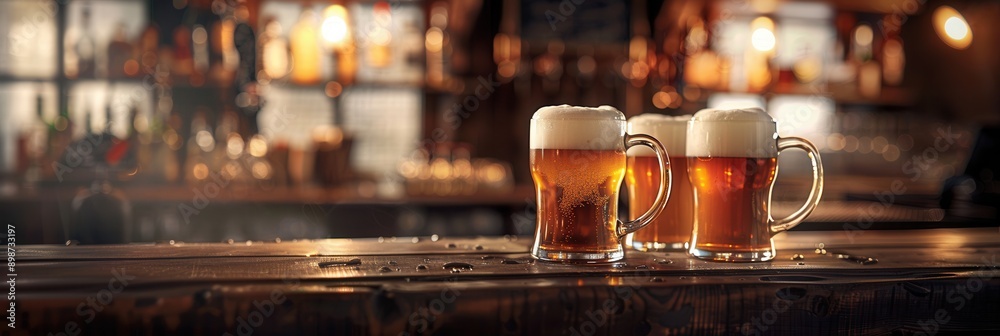 Poster Three full beer mugs with white foam sit on a wooden bar counter in front of a blurred background of a pub. Generative AI