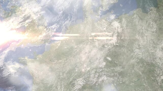 Earth zoom in from space and focus on Siegen, Germany. Background for travel intro or blog. Satellite view. 3D style Animation. Images from NASA.