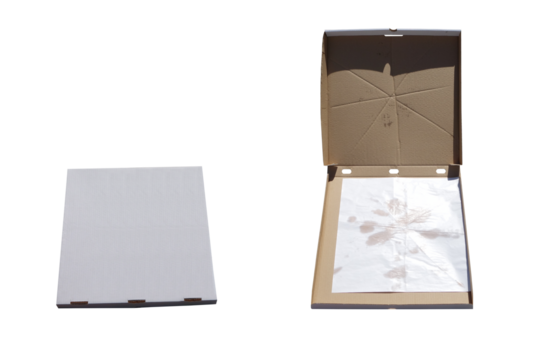 Empty cardboard pizza box. On isolated transparent background.