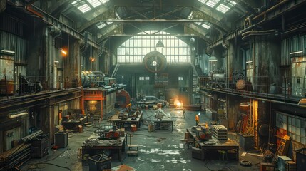 production metal workshop with high structures and several work areas