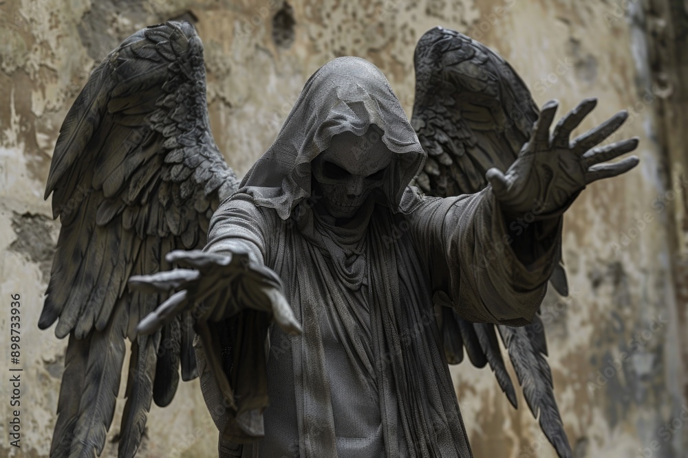 Poster a detailed sculpture of an angel with wide-open wings, suitable for use in various contexts such as 