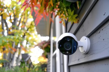 A sleek security camera installed on a residential wall, enhancing home security