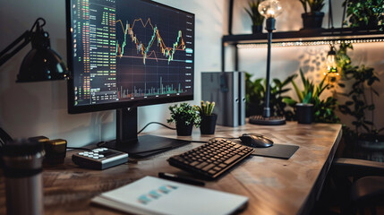 A realistic shot of a home trading setup with a computer displaying stock market trends and a notepad with handwritten notes 