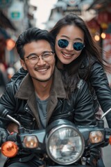 Obraz premium A couple on a motorcycle, with the road and landscape blurred in the background