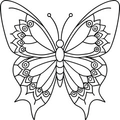 butterfly coloring page kids friendly simple line art cute flying insects with geometric flower mandala design pattern minimal clipart art KDP coloring interior