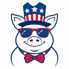 Cute American Pig in Patriotic Hat and Sunglasses Vector Illustration