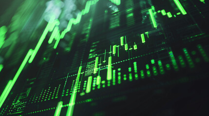 Fototapeta premium A detailed stock trading chart depicting a strong price rise, featuring green bars and financial data annotations 
