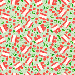 Hand drawn watercolor cheesecake with ripe cherries seamless pattern isolated on mint background. Can be used for textile, fabric, scrapbook and other printed products.