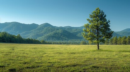 Fototapeta premium Scenic landscape featuring a lone pine tree standing in a lush green meadow, with majestic mountains in the background