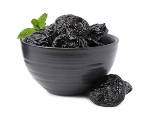 Tasty dried plums (prunes) and mint leaves in bowl on white background