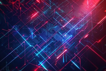 Obraz premium Abstract digital neon geometric shapes on a dark background, glowing lines in blue and red, futuristic technology