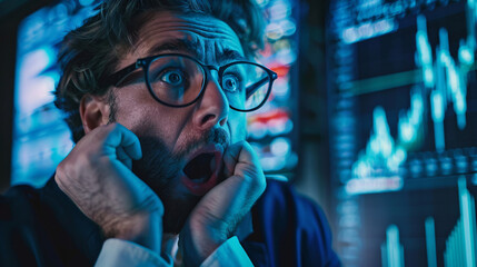 A detailed, UHD image of traders in a financial market reacting with shock and dismay as they observe a significant fall in the price charts 