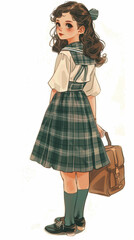 Dessin d'écolière européenne dans un style vintage, avec jupe écossaise, blouse blanche et sac à dos, jeune fille allant à l'école primaire, image nostalgique isolée sur fond blanc