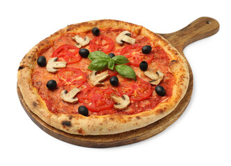 Delicious pizza with tomatoes, mushrooms, black olives and basil isolated on white