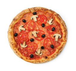 Delicious pizza with tomatoes, mushrooms and black olives isolated on white, top view