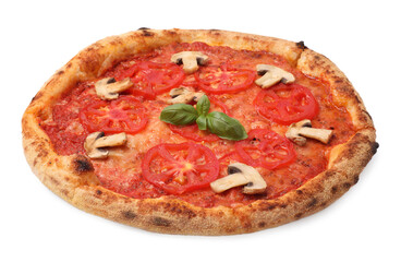 Delicious pizza with tomatoes, mushrooms and basil isolated on white