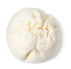 Fresh delicious burrata cheese isolated on white, top view