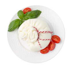 Delicious fresh burrata cheese with basil leaves and tomato isolated on white, top view