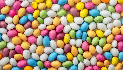 Obraz premium Colorful Collection of Candy Coated Chocolates Displayed on White Background in Bright Lighting