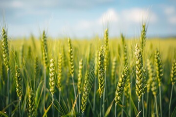 Fototapeta premium agricultural wheat field. Ears of green wheat close-up. Background of ripening ears of a wheat field