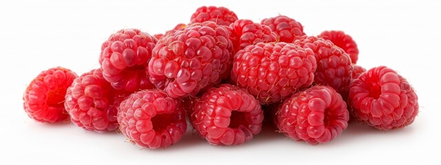  A group of raspberries aligned on a white surface, with one fully ripe berry at the center