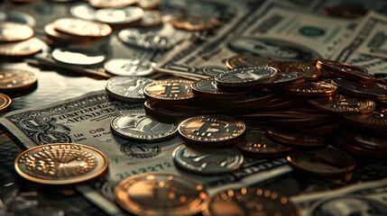 A pile of US dollar coins and bills, arranged casually on a reflective surface, with realistic lighting and shadows 
