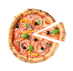 Cut delicious vegetarian pizza isolated on white, top view