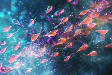 Artistic depiction of sperm cells swimming dynamically in a detailed and vivid microscopic view