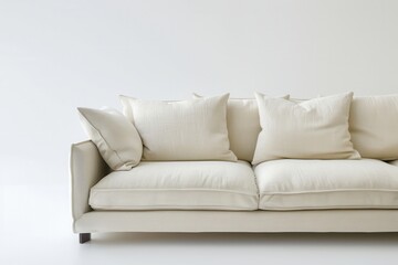 A white sofa with plush cushions sits in a minimalist interior design setting. Generative AI