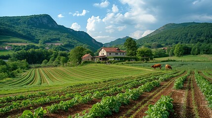 Vibrant farmlands with lush green crops and traditional wooden farmhouses