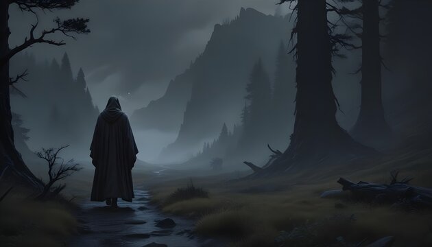 A figure shrouded in a dark, concealing robe moves steadily across a vast, untamed wilderness, their journey unimpeded by any external mode of transport