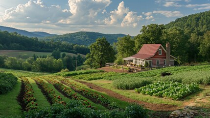 Vibrant farmlands with lush green crops and traditional wooden farmhouses