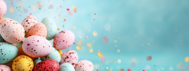  A blue background holds a stack of multicolored, speckled eggs with confetti scatterings around them