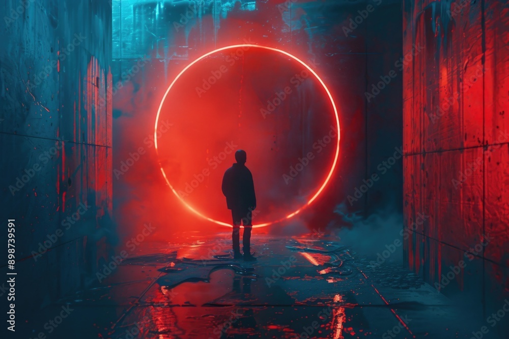 Poster a person stands in front of a bright red circle, with a simple background