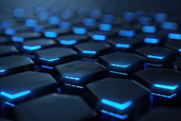 Fototapeta premium Blue luminous lines and highlights on a modern dark carbon fiber hexagonal background