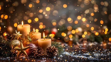 Christmas candles and ornaments over dark background with lights