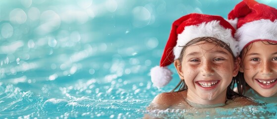 Obraz premium Two girls wear Santa hats while swimming in the pool