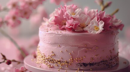 Pink Birthday Cake Decorated With Sugar Flowers and Gold Sprinkles