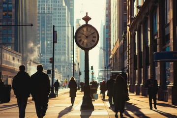 Business district with a large clock and busy professionals, symbolizing the importance of time management