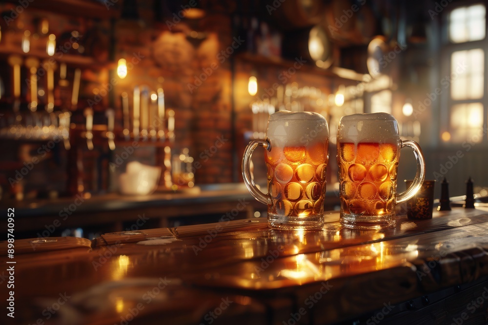 Aufkleber Two full beer mugs with foam sit on a bar counter in a dimly lit pub. Generative AI